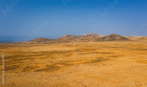 view of Tindaya Mountain in La Oliva  Fuerteventura  Canary Islands  Spain  Aerial panoramic drone view in october 2019