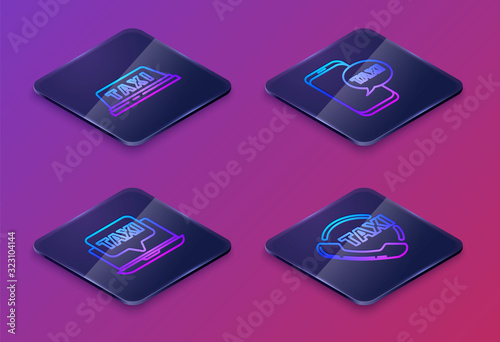 Set Isometric line Taxi car roof, Laptop call taxi service, Taxi call telephone service and Taxi call telephone service. Blue square button. Vector