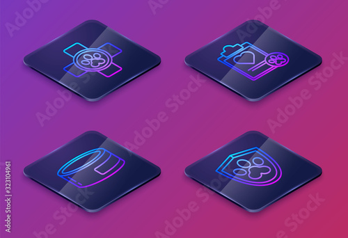 Set Isometric line Veterinary clinic symbol, Canned food, Clipboard with medical clinical record pet and Animal health insurance. Blue square button. Vector