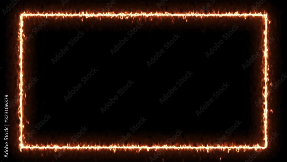 Empty frame with fire border glowing, burning flame signboard. Blank rectangle fire with flames around frame lights. The best stock of animation orange fire burning on black background