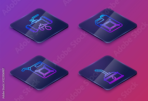Set Isometric line Broken metal pipe with leaking water, Canister for gasoline, Canister for gasoline and Canister for motor machine oil. Blue square button. Vector
