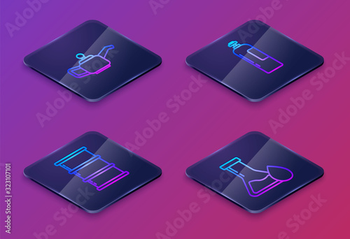 Set Isometric line Canister for motor machine oil, Barrel oil, Industrial gas cylinder tank and Oil petrol test tube. Blue square button. Vector