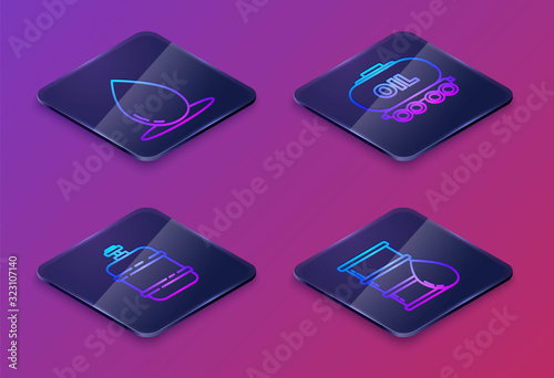 Set Isometric line Oil drop, Propane gas tank, Oil railway cistern and Barrel oil. Blue square button. Vector