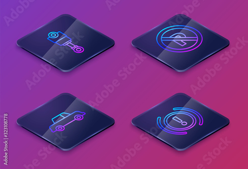 Set Isometric line Engine piston, Car, No Parking or stopping and Brake system warning. Blue square button. Vector