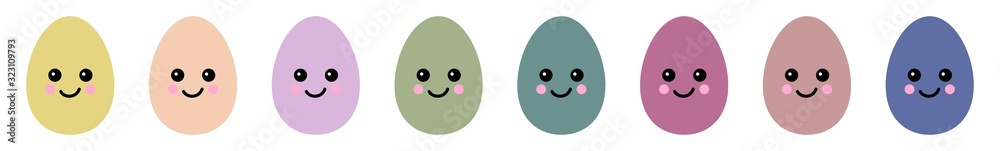Fototapeta premium Easter Egg Cute Face Icon Pastel Color | Painted Smiling Eggs Illustration | Happy Easter Hunt Symbol | Holiday Logo | April Spring Sign | Isolated | Variations