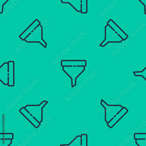 Blue line Funnel or filter icon isolated seamless pattern on green background. Vector Illustration