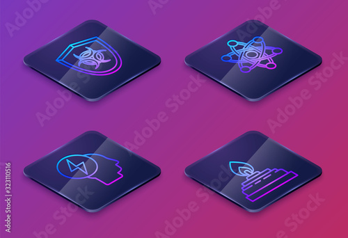 Set Isometric line Biohazard symbol on shield, Head and electric symbol, Atom and Alcohol or spirit burner. Blue square button. Vector