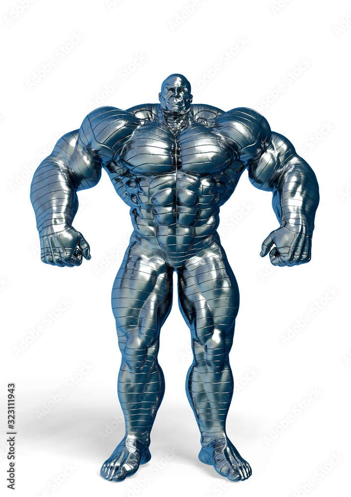 man made of steel doing a bodybuilder pose number three in a white background