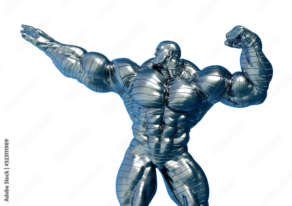 man made of steel doing a bodybuilder pose number thirteen in a white background man made of steel doing a bodybuilder pose number thirteen in a white background