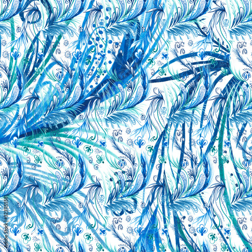 A background of ethnic flowers, leaves, feathers and curls. 