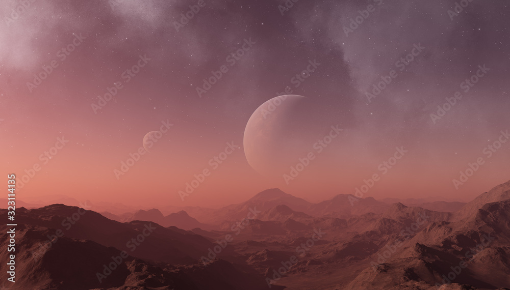 3d rendered Space Art: Alien Planet - A Fantasy Landscape with red skies and stars