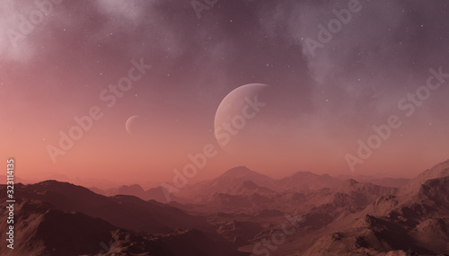 Wallpaper Mural 3d rendered Space Art: Alien Planet - A Fantasy Landscape with red skies and stars Torontodigital.ca