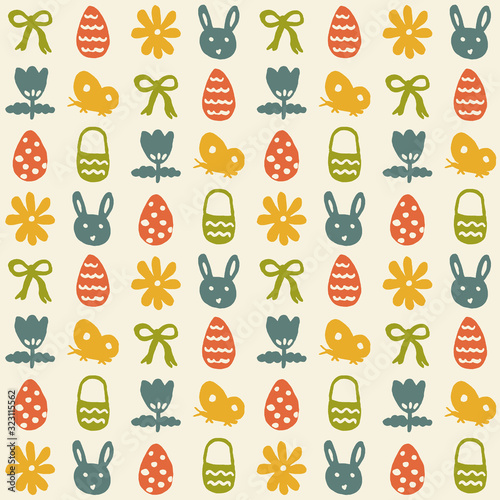 Easter seamless pattern in folk vintage style illustration. Traditional repeat surface pattern with spring florals, rabbits, ribbons, baskets and easter eggs in a cute, sweet style