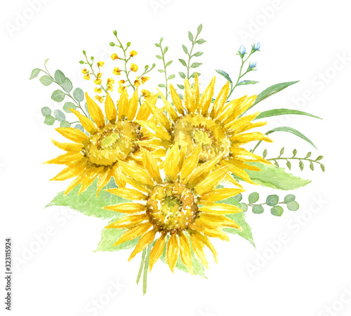 水彩で描くひまわりと植物の花束