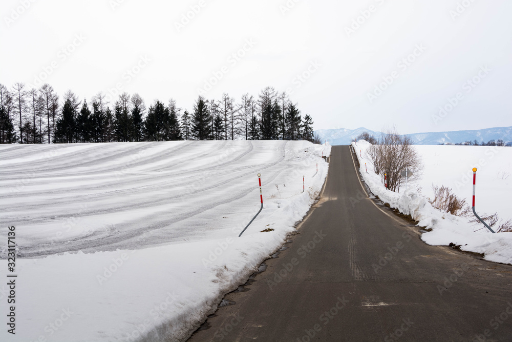 融雪剤がまかれた雪の畑と道路 融雪剤がまかれた雪の畑と道路