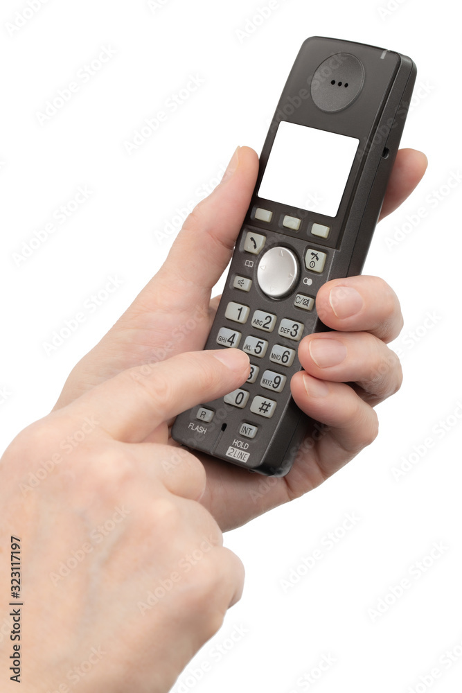 Female hand holds a phone with a blank screen, isolated on white background Female hand holds a phone with a blank screen, isolated on white background