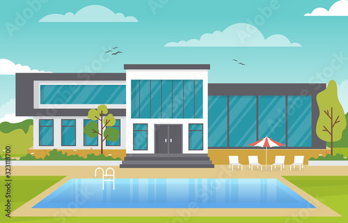 Modern House Villa Exterior with Swimming Pool at Backyard Illustration