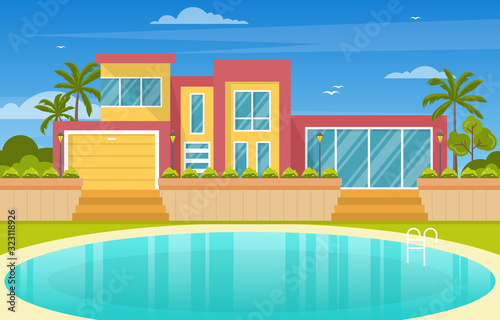 Modern House Villa Exterior with Swimming Pool at Backyard Illustration
