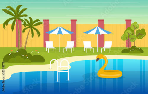 Modern House Villa Exterior with Swimming Pool at Backyard Illustration
