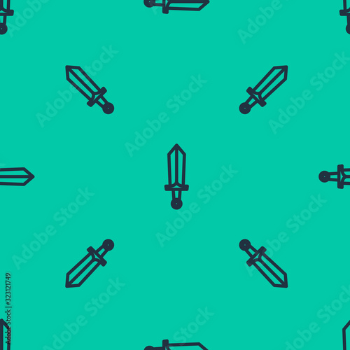 Blue line Sword for game icon isolated seamless pattern on green background. Vector Illustration