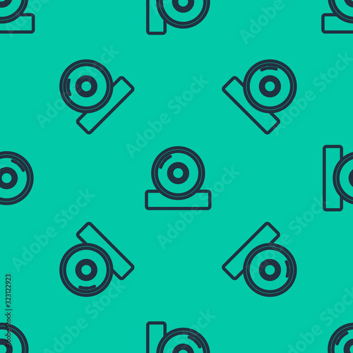 Blue line Otolaryngological head reflector icon isolated seamless pattern on green background. Equipment for inspection the patient's ear, throat and nose. Vector Illustration