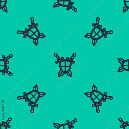 Blue line Medieval shield with crossed swords icon isolated seamless pattern on green background. Vector Illustration
