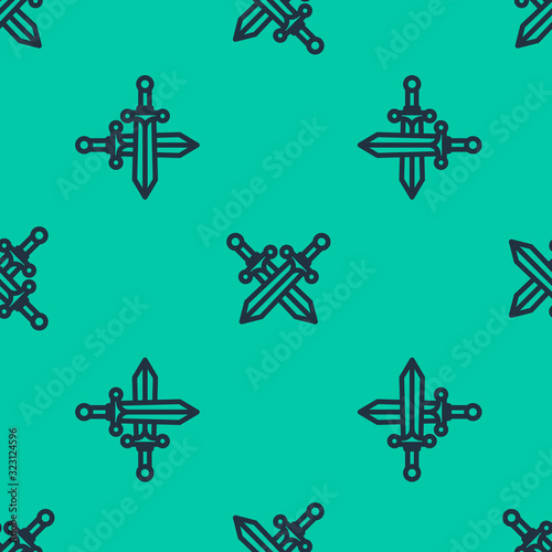 Blue line Crossed medieval sword icon isolated seamless pattern on green background. Vector Illustration