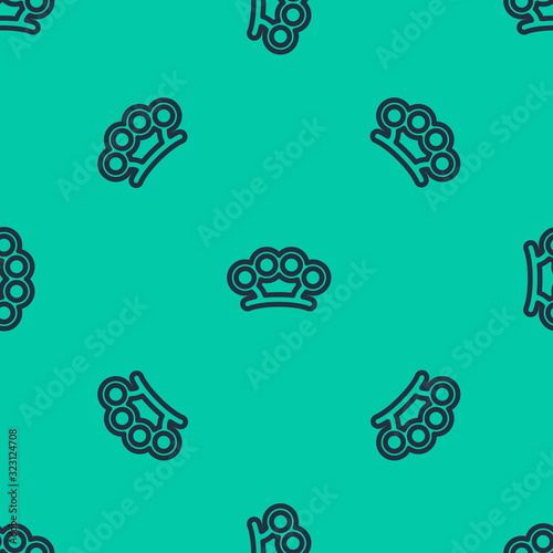 Blue line Brass knuckles icon isolated seamless pattern on green background. Vector Illustration