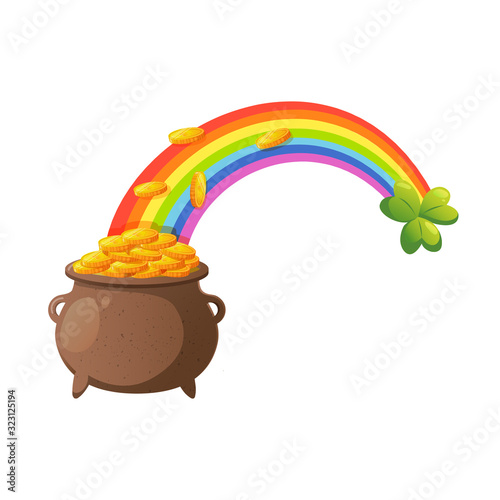 Rainbow with leprechaun pot full of golden coins.