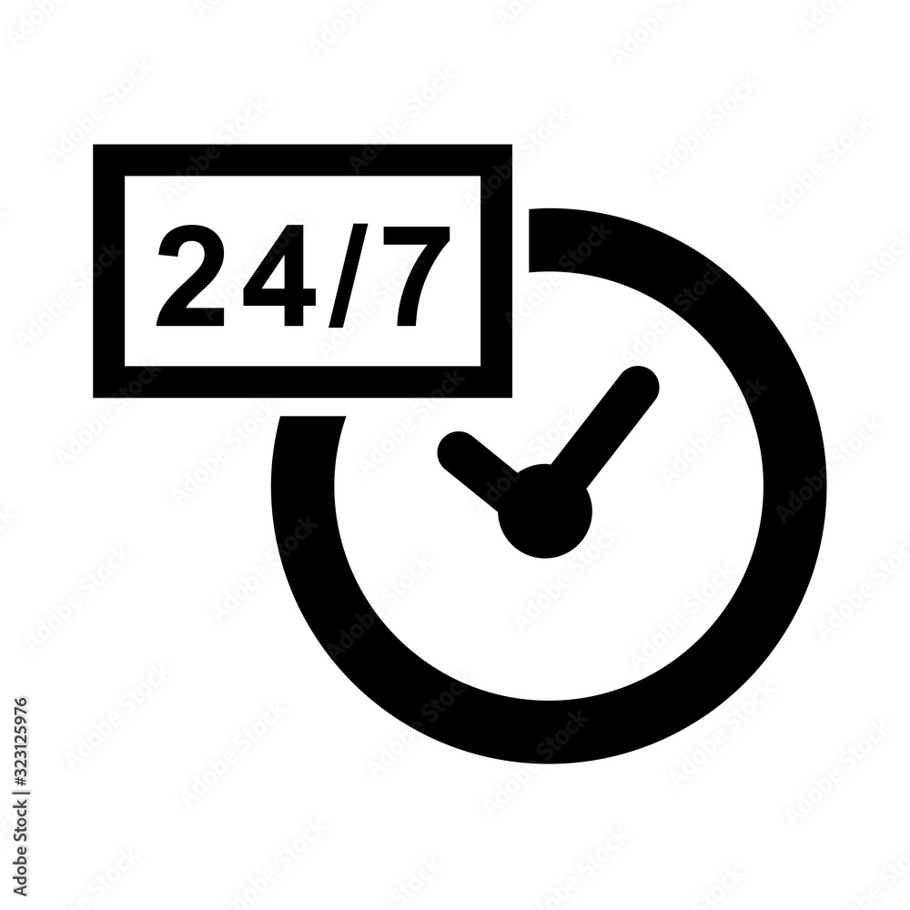 Simple Vector Icon Sign Open 24 Hour, 7 Day, Isolated on White Simple Vector Icon Sign Open 24 Hour, 7 Day, Isolated on White