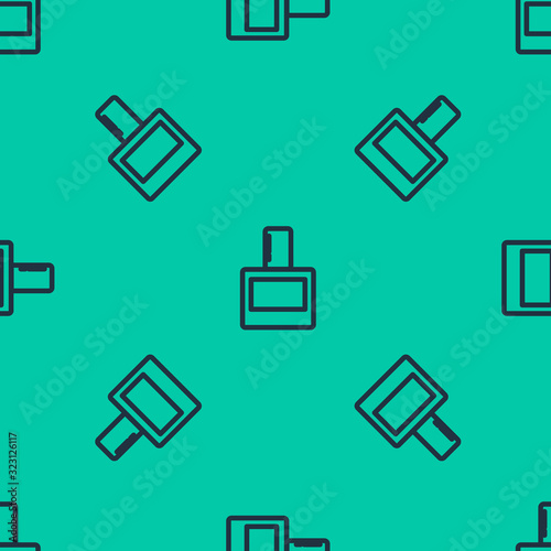 Blue line Aftershave icon isolated seamless pattern on green background. Cologne spray icon. Male perfume bottle. Vector Illustration