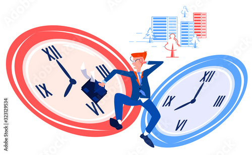 Vector flat abstract illustration running man in business work suit with briefcase, who is in hurry to work. It is shown on background clock as sign of being late, hurry. Concept bad worker.