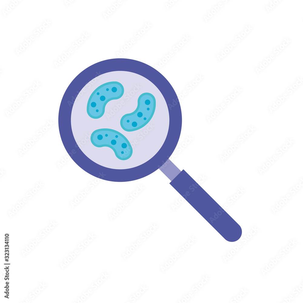 magnifying glass with bacteria germs, flat style icon