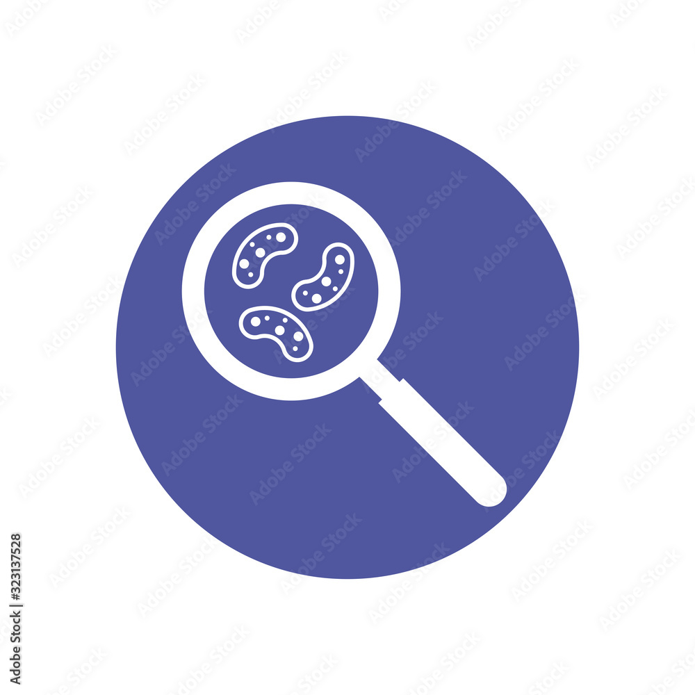 magnifying glass with bacteria germs, block style icon magnifying glass with bacteria germs, block style icon