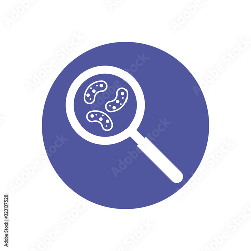 magnifying glass with bacteria germs, block style icon