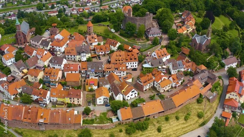 Aerial of the Dilsberg Castle in Germany beside the neckar river. Pan to the right. photo