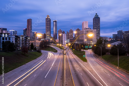 Atlanta skyline and highway at night  Georgia  USA
