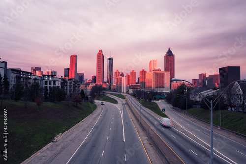 Atlanta skyline and highway at sunrise, Georgia, USA