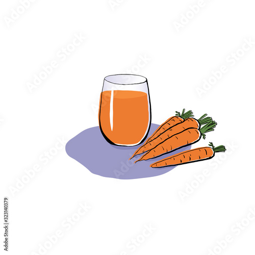  Freshly squeezed orange carrot juice in a glass on a white background. Healthy eating Carrot. Vector illustration in cartoon style. For posters, advertising designs, etc.