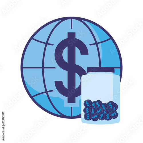 Isolated dollar global sphere and coins jar vector design