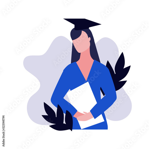 Vector handdrawn illustration of dark hair girl or woman with diploma or certificate or papers. Student with square academic cap on head. Graduate school or university or online courses concept. 