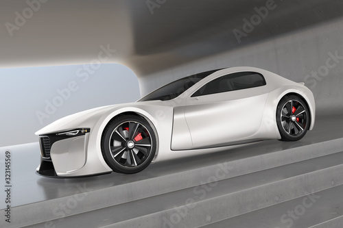 Silver electric sports coupe parking in a modern space. 3D rendering image. Original design.