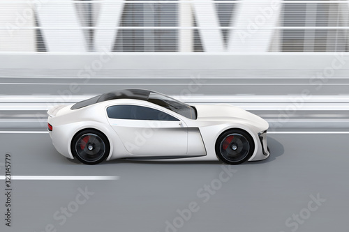 Electric powered sports coupe driving on the highway. 3D rendering image. 