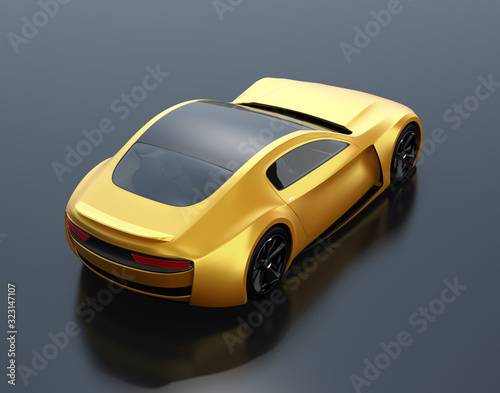 Rear view of yellow paint electric powered sports coupe on black background. 3D rendering image.