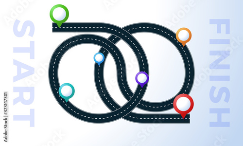 The road from point start to finish. Colorful map pin with concept of hard path or straight and winding road or mind idea. Traffic route concept wrong or hard way
