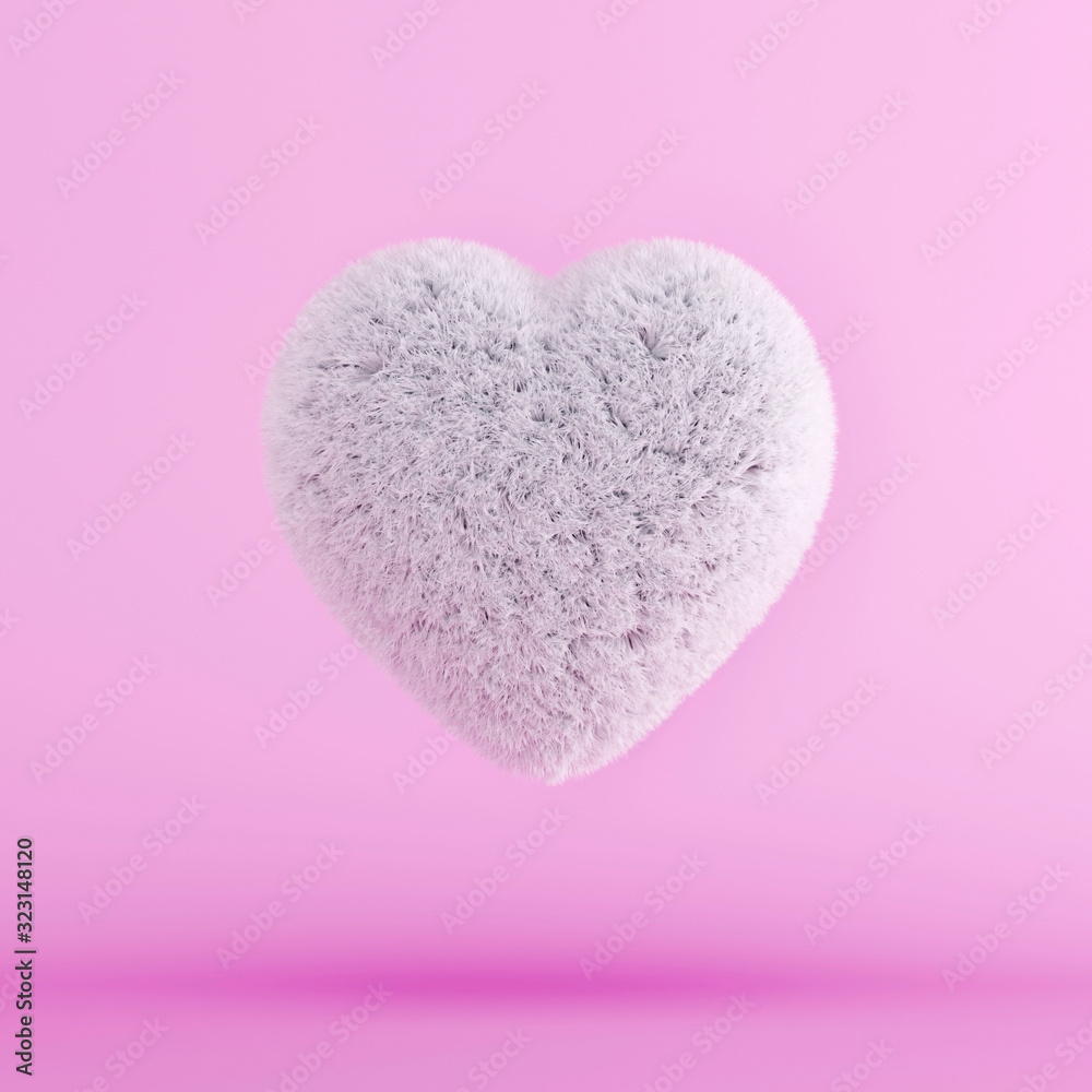 Obraz premium White Fur Heart floating on pink background. Minimal Valentine concept. 3D Render