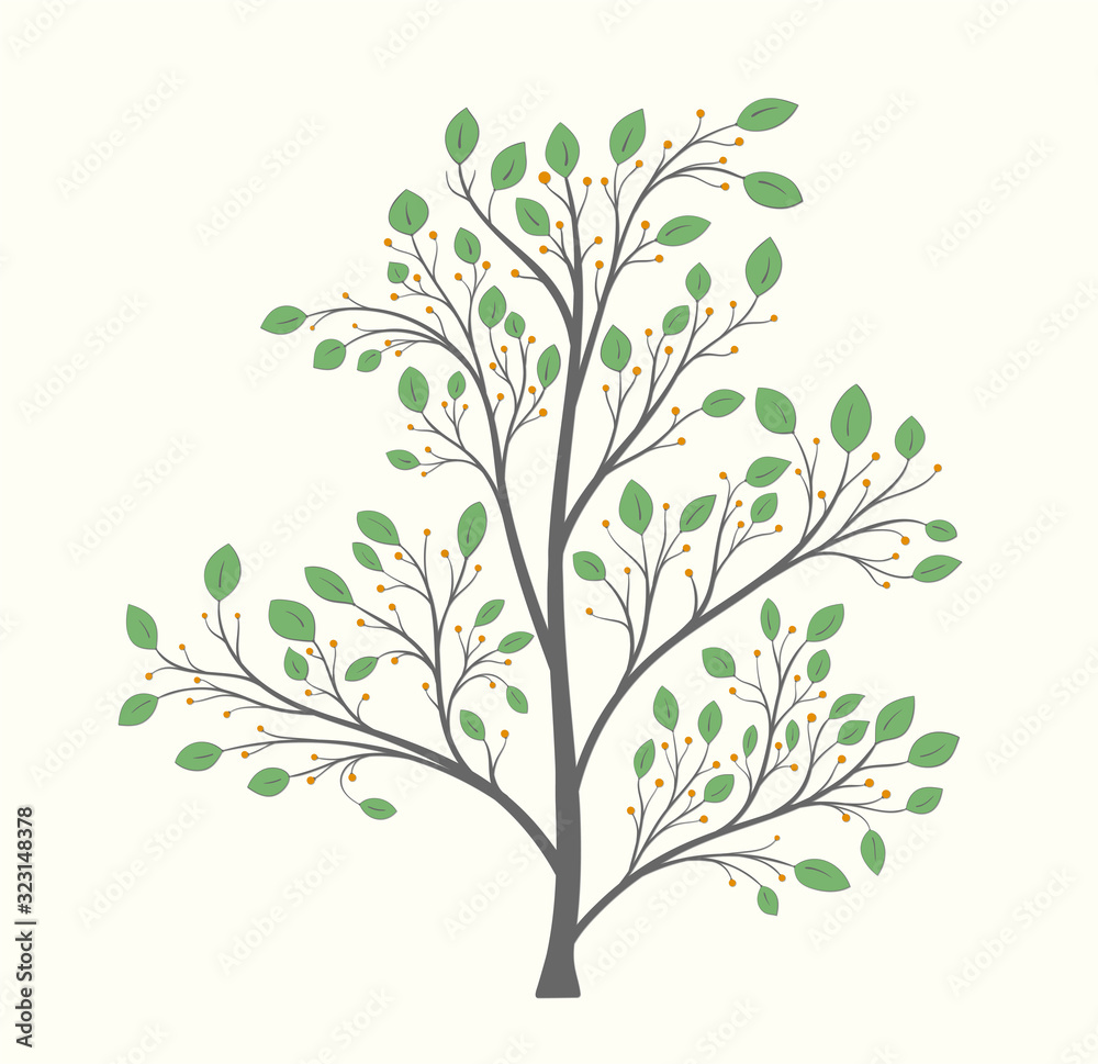 Blooming tree with green leaves and berries on a light background Blooming tree with green leaves and berries on a light background