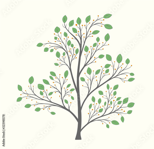 Blooming tree with green leaves and berries on a light background