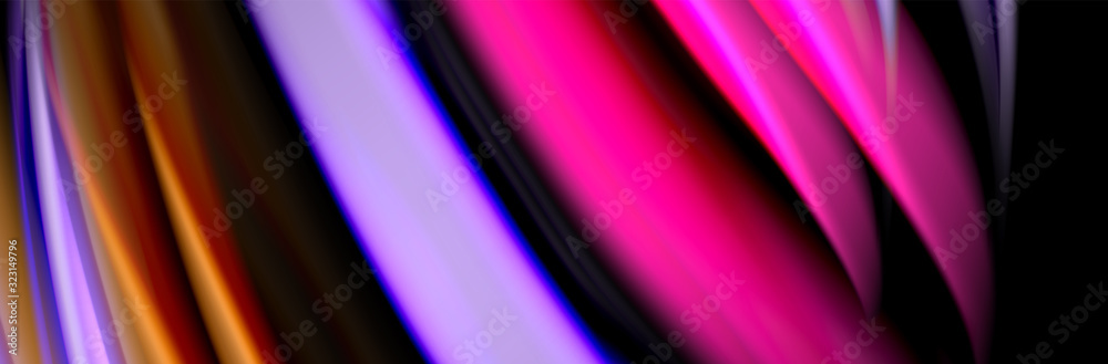 Silk and smooth flow wave poster design. Color waves, liquid style lines and shapes in black color background Silk and smooth flow wave poster design. Color waves, liquid style lines and shapes in black color background