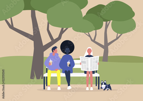 A diverse group of people sitting on a bench in park, summer outdoor leisure, trees and grass
